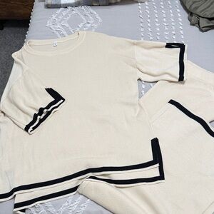 Women’s Cream Sweater and matching pant set with Black Accents